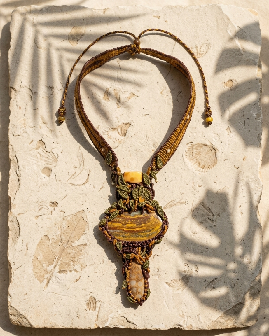 Tiger’s Eye Pendant featuring natural iron stone and ornate micromacramé design on a neutral background.