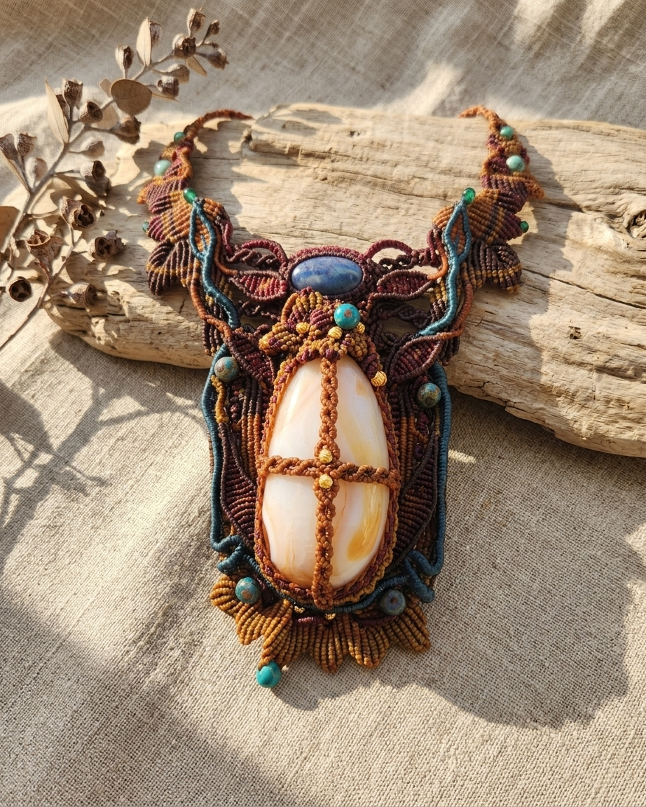 Carnelian Pendant showcasing a large carnelian agate stone in a handmade micromacramé design with lapis lazuli accents.