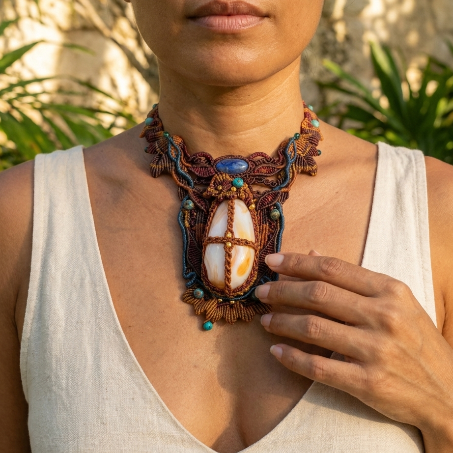 Carnelian Pendant – Celtic Ember Boho Ritual Choker with intricate micromacramé design and large pale carnelian stone.