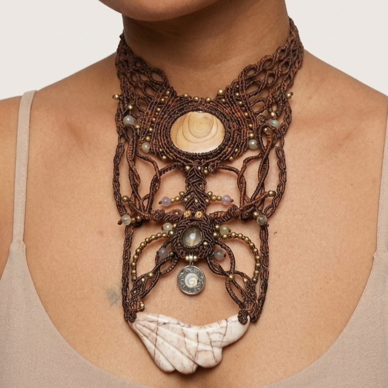 Jasper Necklace showcasing a hand-carved red vein jasper angel wing centerpiece and ornate micromacramé design.