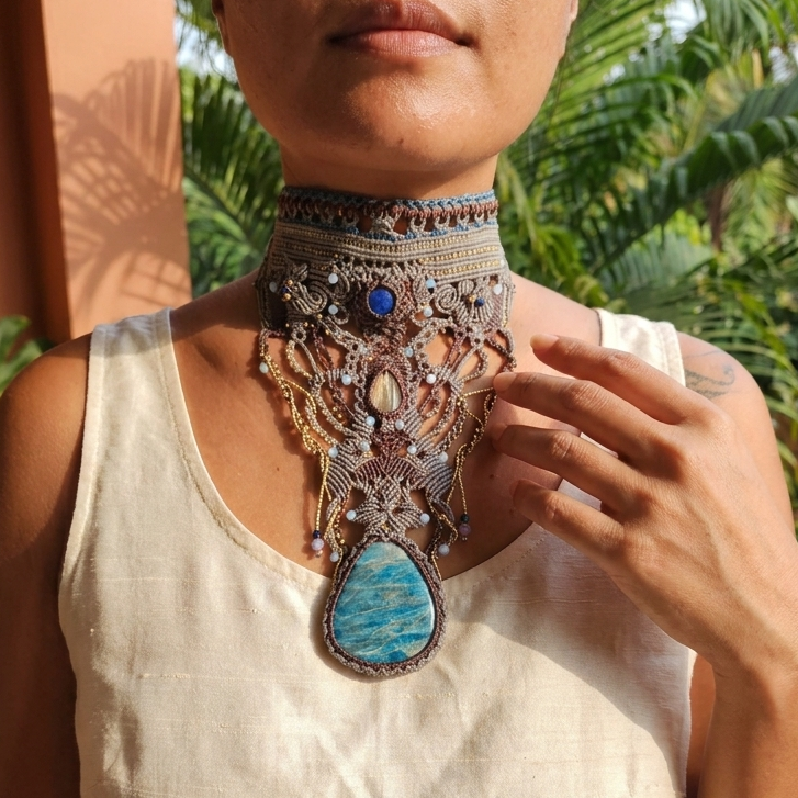 Apatite Pendant showcased in a boho luxe choker design with ornate micromacramé and layered knotwork.