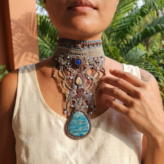 Apatite Pendant showcased in a boho luxe choker design with ornate micromacramé and layered knotwork.