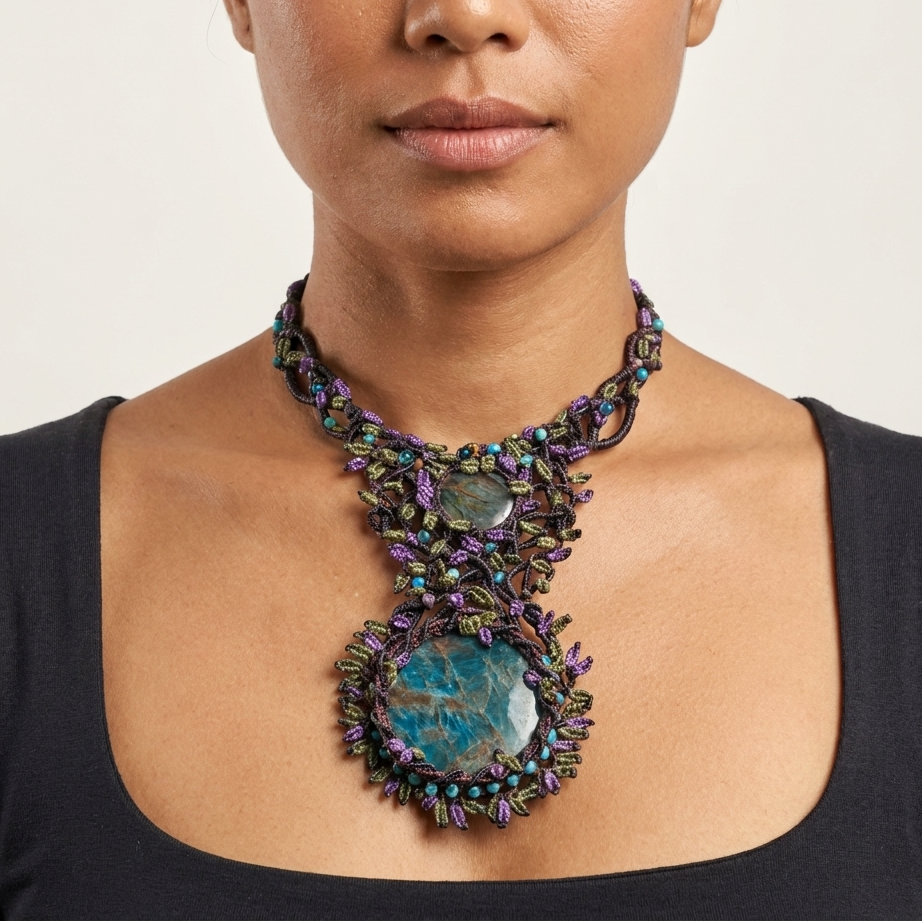 Apatite Pendant – Sky Garden Forest Spirit Choker featuring a large blue apatite and intricate micromacramé design.