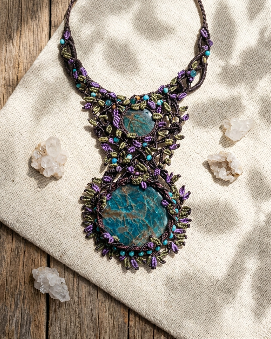 Apatite Pendant featuring large natural blue apatite stones and intricate micromacramé design with colorful accents.