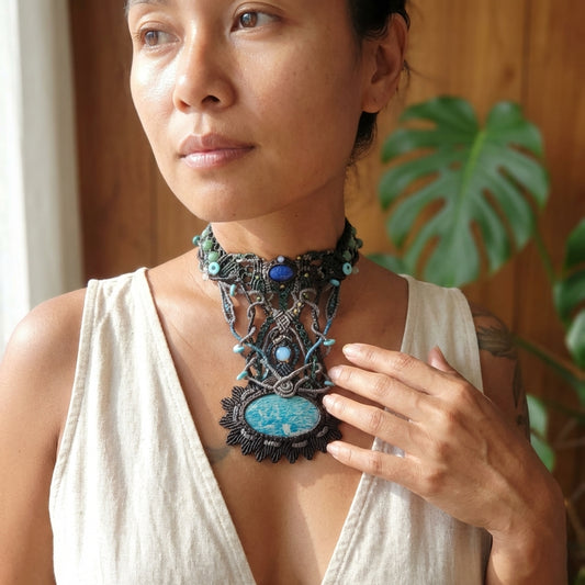 Handmade Amazonite Stone Necklace featuring ornate macramé choker and natural amazonite stone centerpiece.
