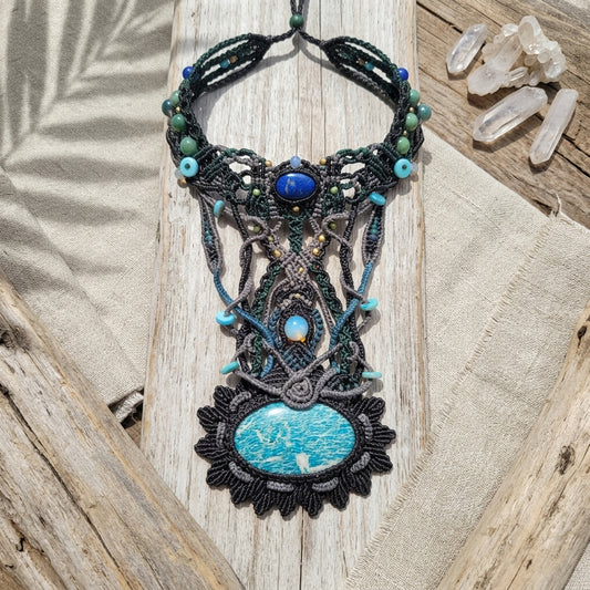 Amazonite Stone Necklace – Handmade hippie forest choker with natural stone and macramé design.