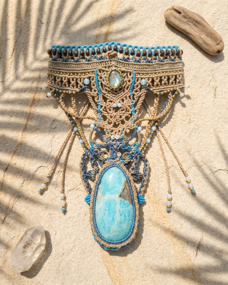 Amazonite Pendant Necklace featuring large natural amazonite stone and ornate micromacramé design.