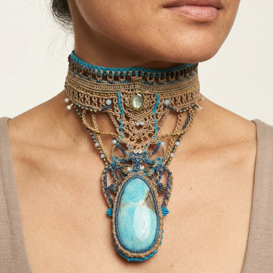 Amazonite Pendant Necklace showcasing a large amazonite stone on a micromacramé choker with colorful accents.