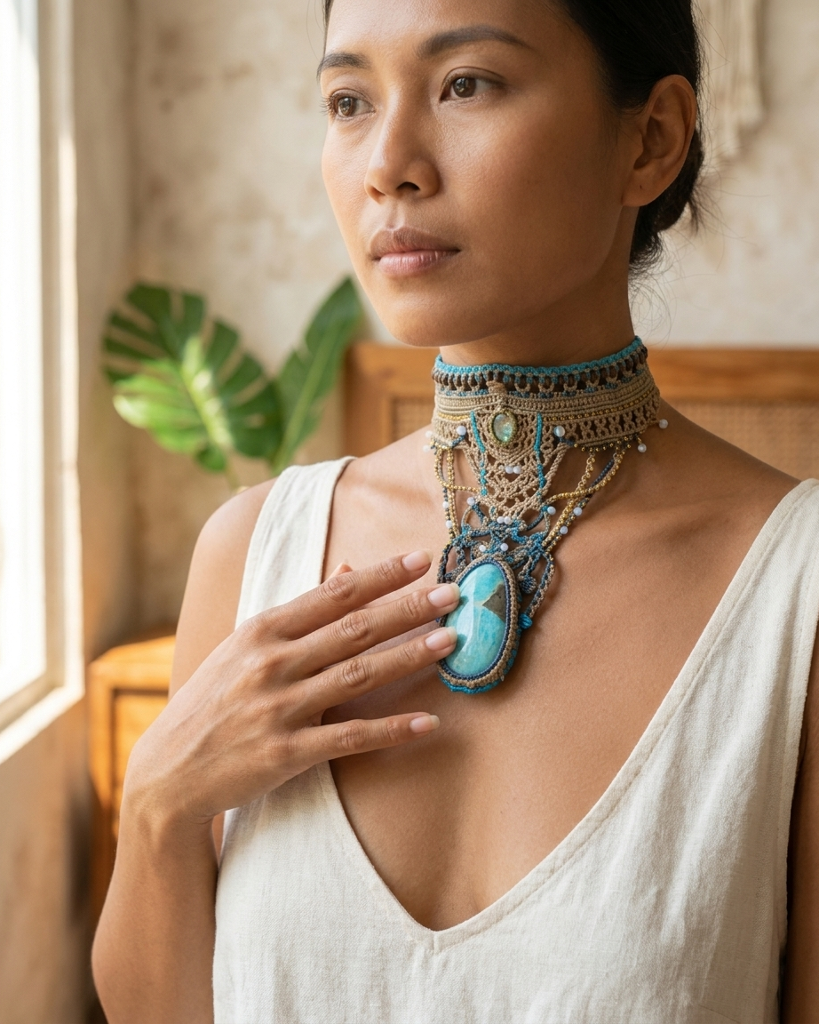 Amazonite Pendant Necklace worn by a woman, featuring a large natural stone and ornate micromacramé design.
