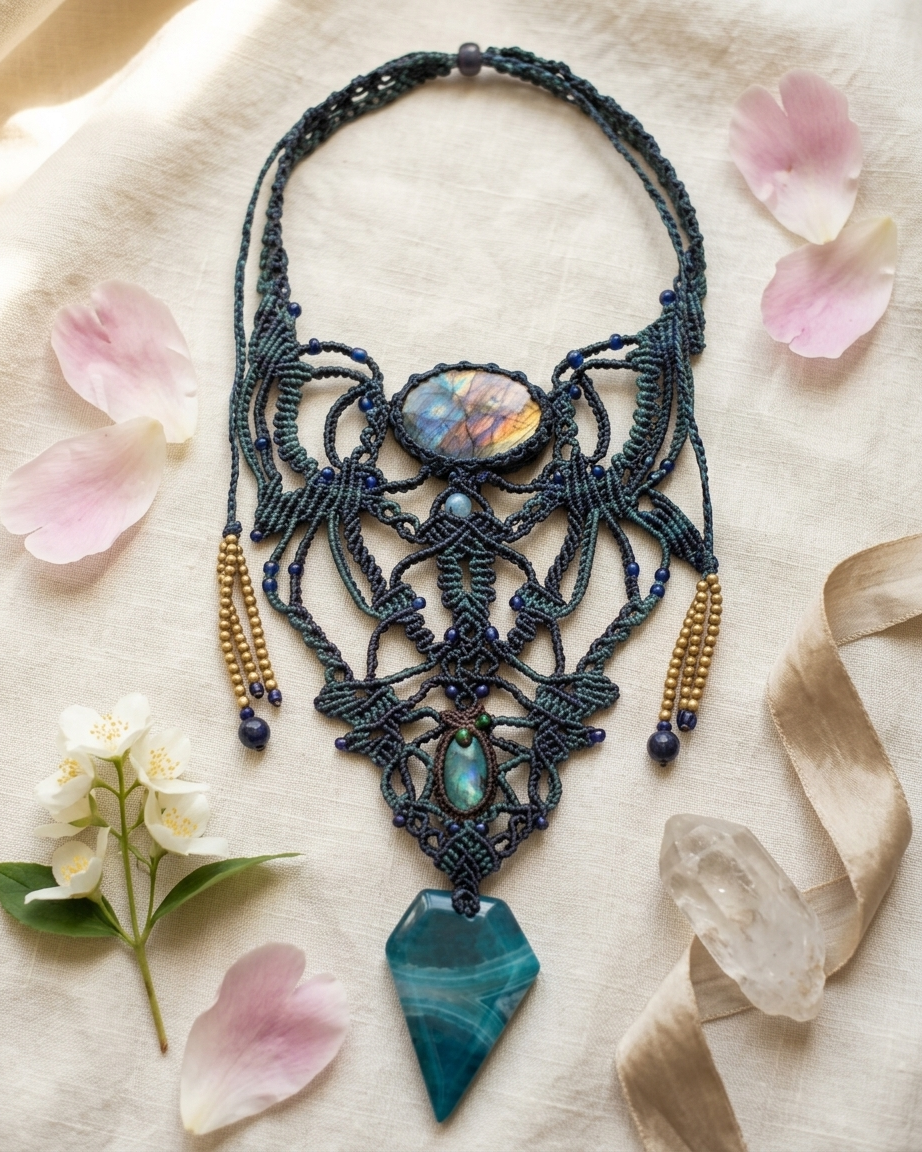 Labradorite & Blue Agate Pendant – The Midnight Fae, featuring a micromacramé design with flowing elements and blue Agate.