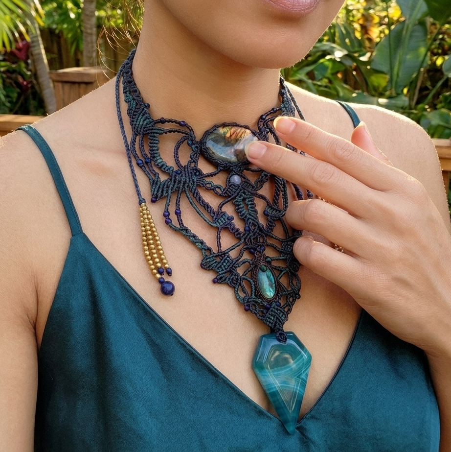 Labradorite & Blue Agate Pendant worn as a stunning micromacramé necklace with vibrant stones.