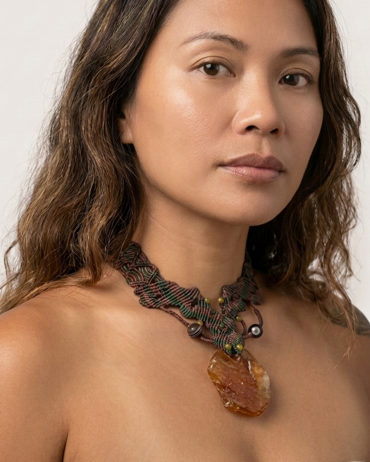 Honey Carnelian Agate raw stone choker necklace on a model, featuring micromacramé design and earthy tones.