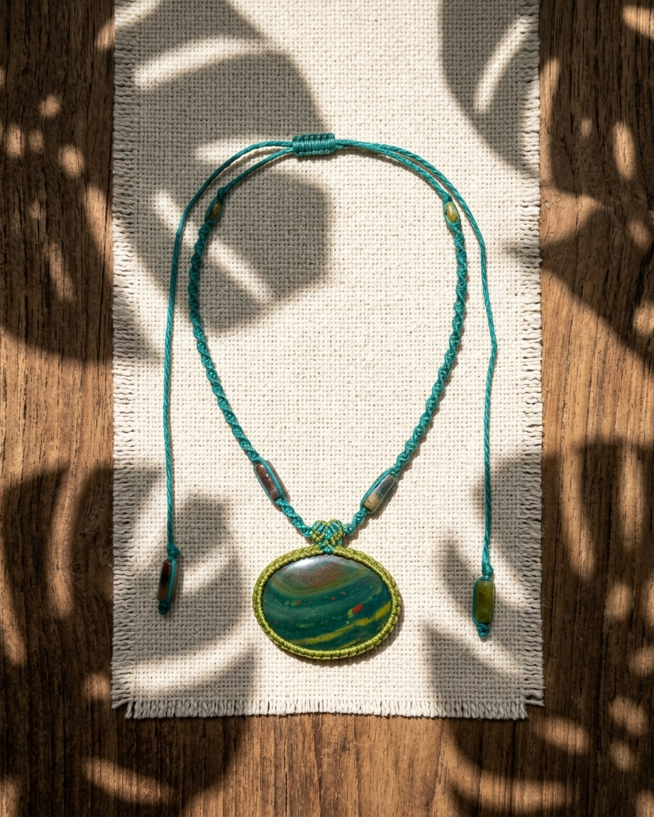 Orbicular Bloodstone Pendant on an earth-tone waxed cotton cord with adjustable knot system.