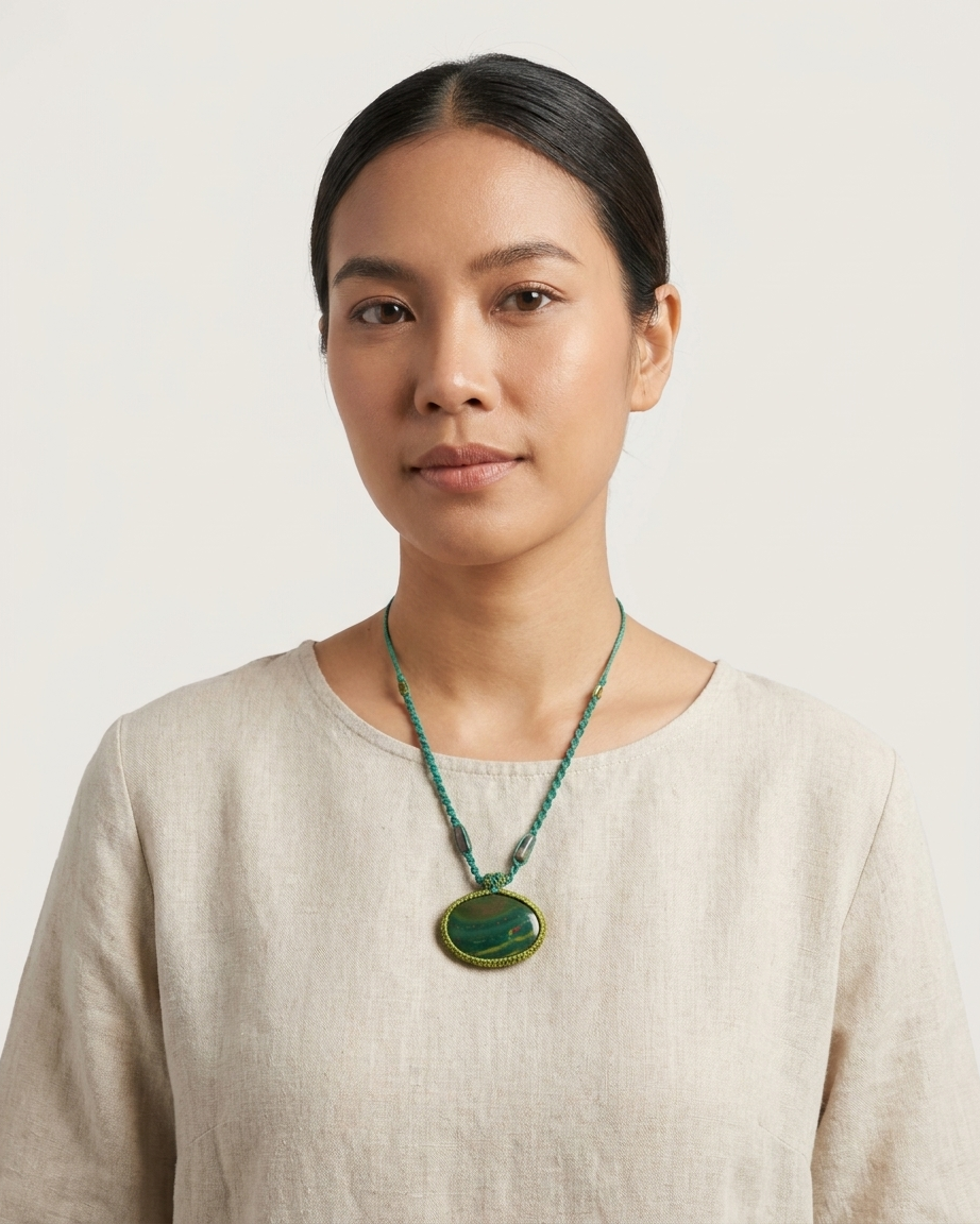 Woman wearing an orbicular bloodstone pendant on a waxed cotton cord, showcasing boho style and natural beauty.