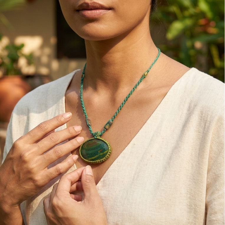 Woman wearing an Orbicular Bloodstone Pendant with a moss agate bead detail and adjustable waxed cotton cord.