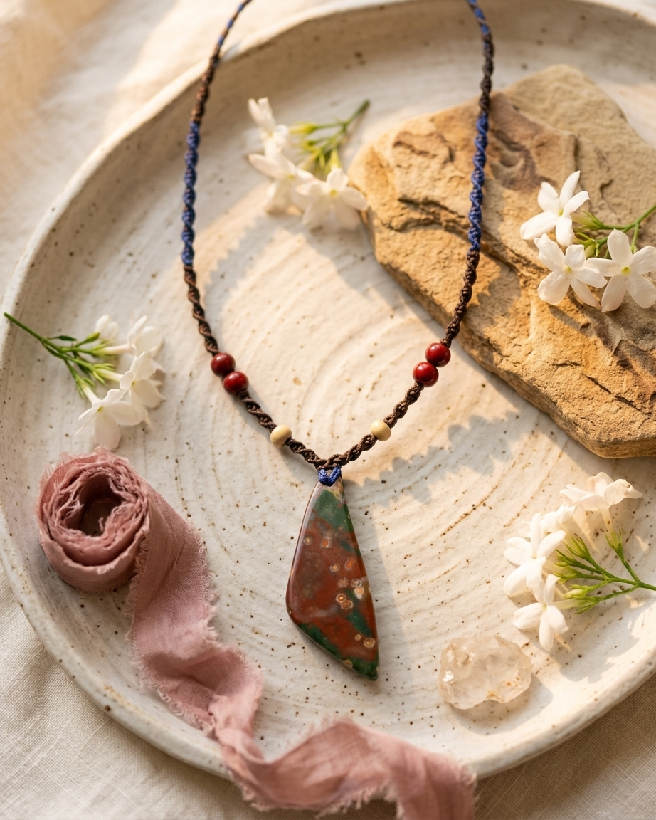 Bloodstone Pendant – The Watcher Stone on a textured plate with flowers and fabric, showcasing its unique design.
