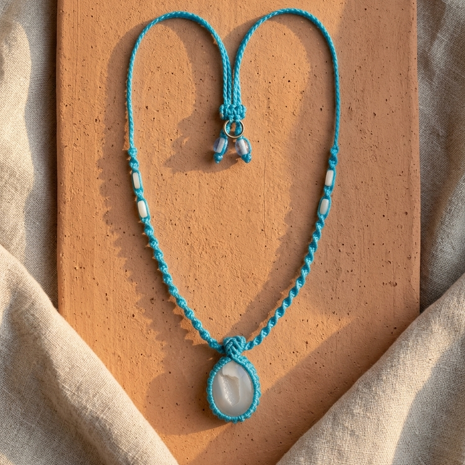 Agate Pendant – White Druzy Minimalist Boho Necklace with teal cord and adjustable tie.