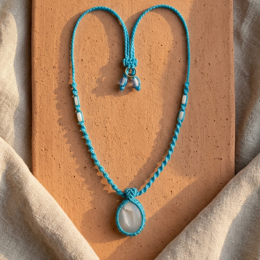 Agate Pendant – White Druzy Minimalist Boho Necklace with teal cord and adjustable tie.