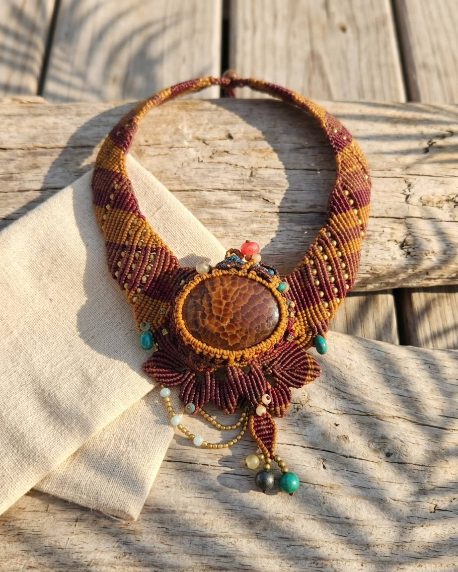 Fire Agate – Earthfire Ritual Palm Stone Choker with ornate micromacramé design and antique brass accents.