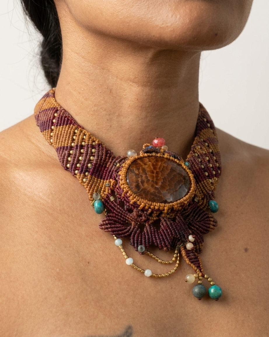 Fire Agate palm stone choker with ornate micromacramé and antique brass beads, showcasing an earthy boho style.