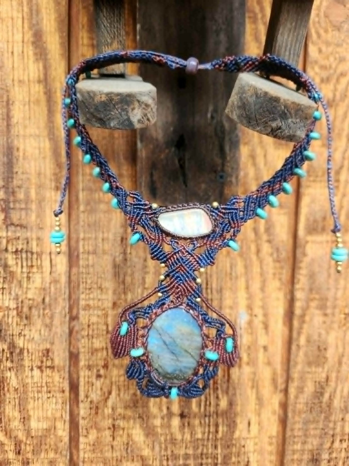 Labradorite Pendant featuring a large gemstone and opal slice, intricately designed micromacramé choker in blue and bronze.