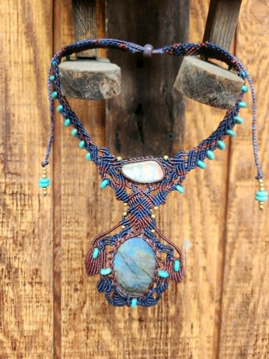 Labradorite Pendant featuring a large gemstone and opal slice, intricately designed micromacramé choker in blue and bronze.