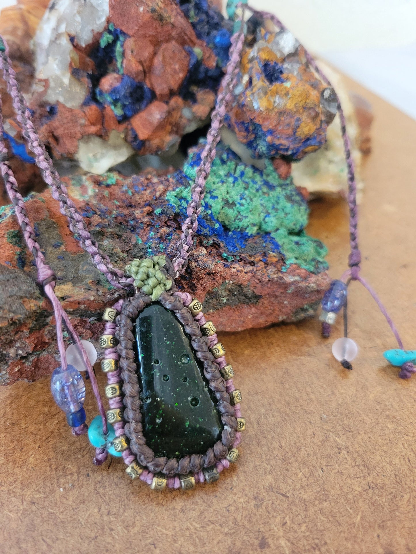 Green Goldstone Pendant in Earth Tones with Antique Brass Beads