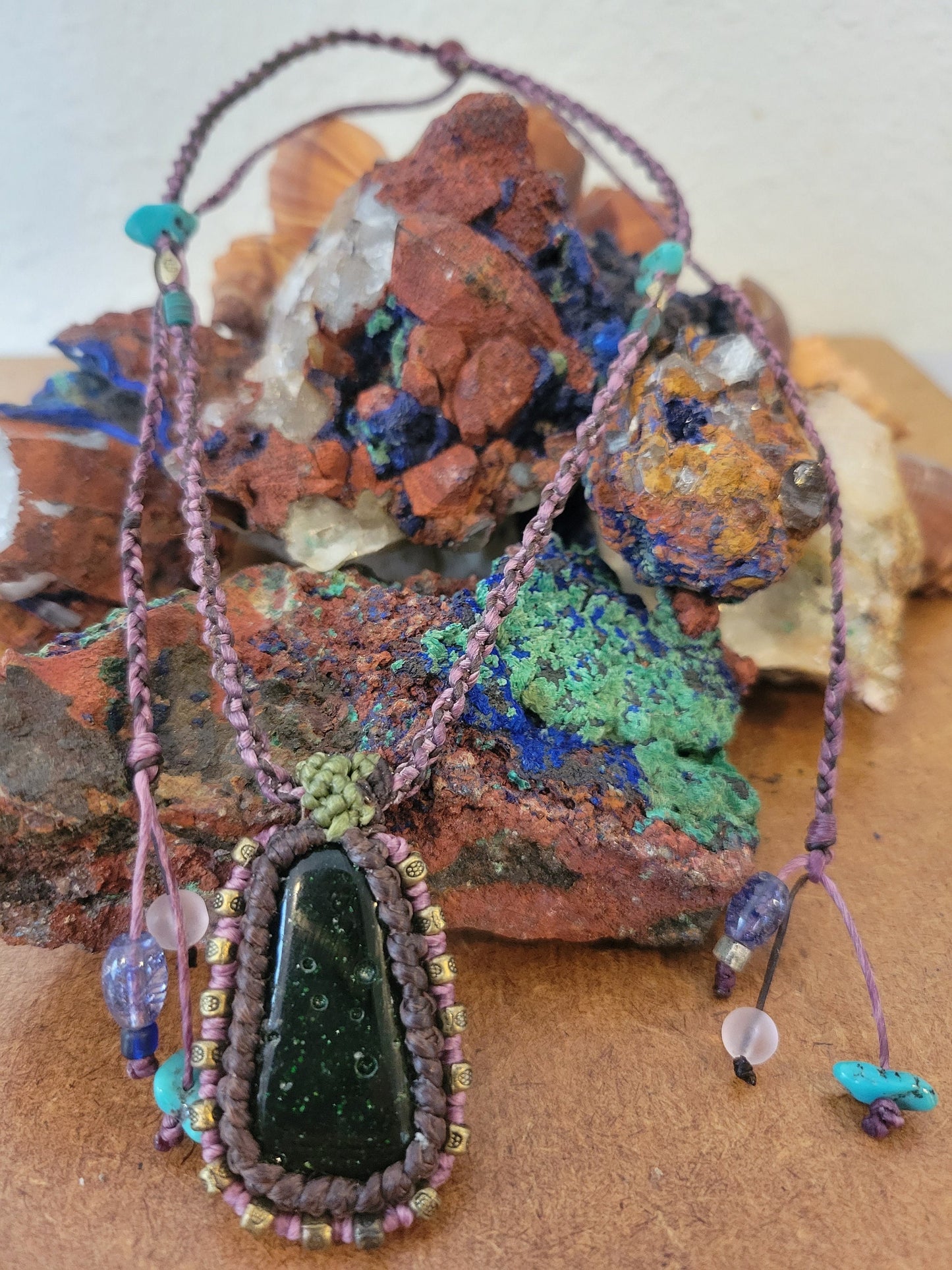 Green Goldstone Pendant in Earth Tones with Antique Brass Beads