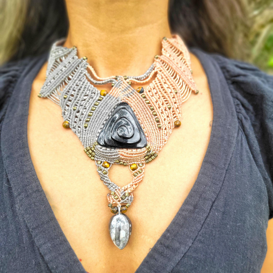 Dual Pendant Black Obsidian & Fossil Orthoceras Choker – Two-Toned Micromacrame Necklace