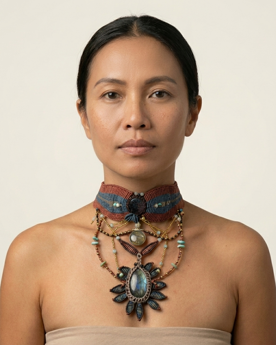 Labradorite Necklace – Dark Sunflower Goddess worn by a model, featuring a large labradorite stone and micromacramé design.