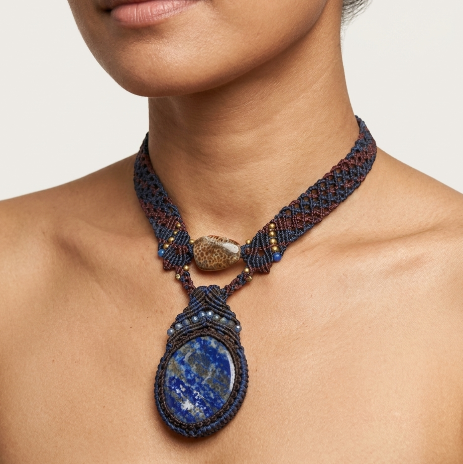 Lapis Lazuli Necklace featuring a large blue pendant on intricate micromacramé collar and Crab Agate accent.