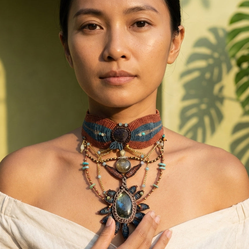 Labradorite Necklace – Dark Sunflower Goddess worn by model, featuring ornate micromacramé design with vibrant stones.