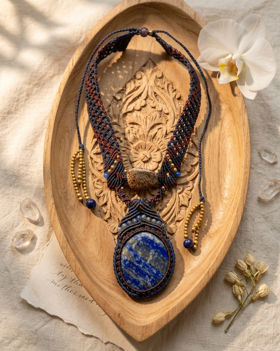 Lapis Lazuli Necklace featuring a convex-cut oval pendant with blue planetary patterns and dark brown micromacramé design.