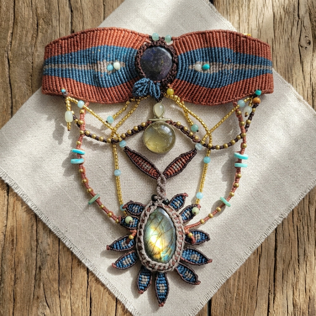 Labradorite Necklace featuring large stone, ornate micromacramé choker and colorful beads, ideal for a boho style.