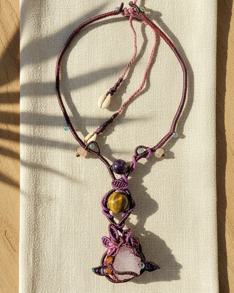 Amethyst Crystal Necklace – Dancing Energy Talisman with natural raw amethyst and tiger eye on macramé design.