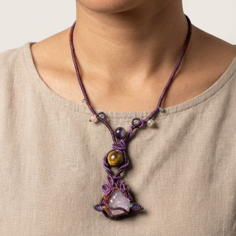 Amethyst Crystal Necklace featuring large raw amethyst, tiger eye stone, and macramé design for boho style.