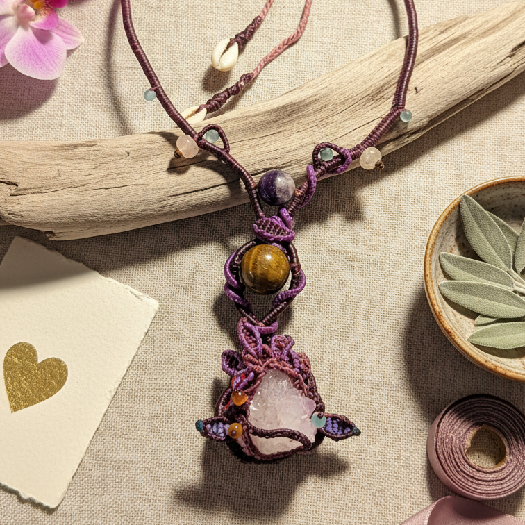 Amethyst Crystal Necklace – Dancing Energy Talisman with large amethyst crystal and tiger eye pendant details