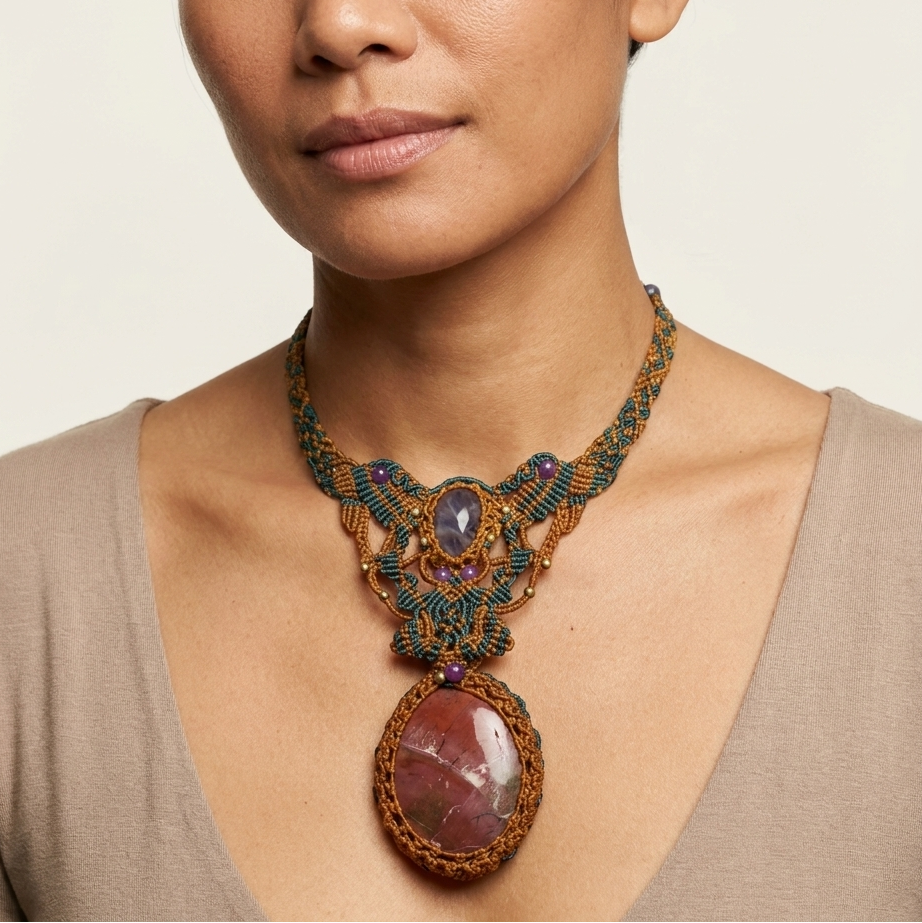 Noreena Jasper Pendant showcasing a huge natural stone with intricate micromacramé design and colorful accents.