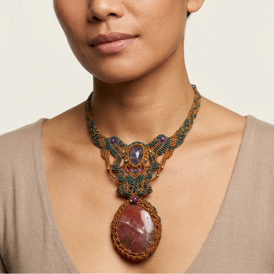 Noreena Jasper Pendant showcasing a huge natural stone with intricate micromacramé design and colorful accents.