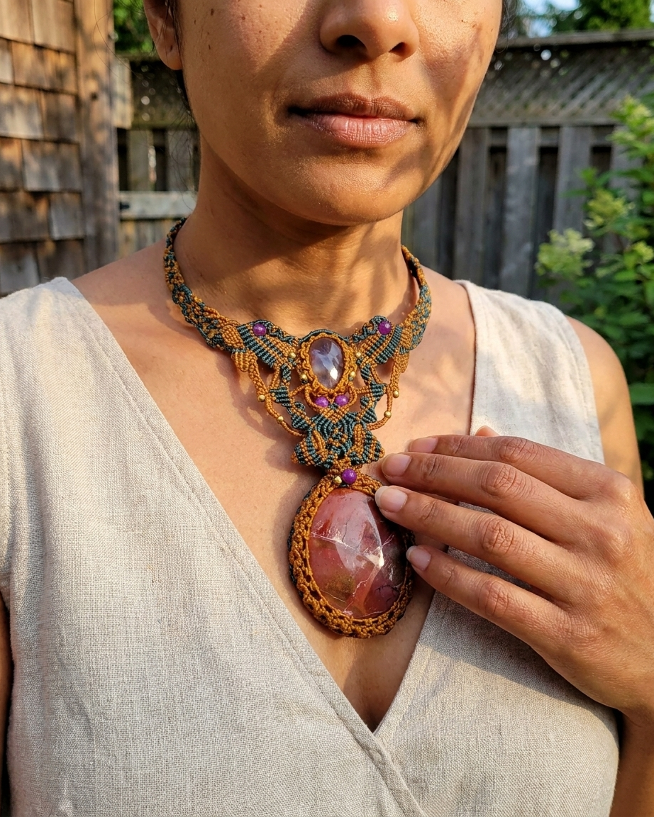 Noreena Jasper Pendant showcases stunning natural stones in a unique micromacramé design with rich colors.