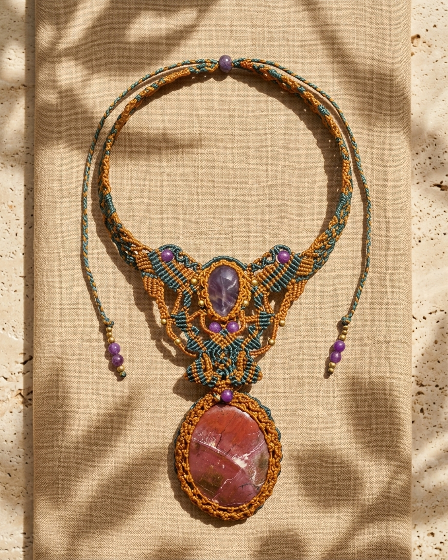 Noreena Jasper Pendant featuring rich rust-red Noreena Jasper, Botswana Agate, and intricate micromacramé design.