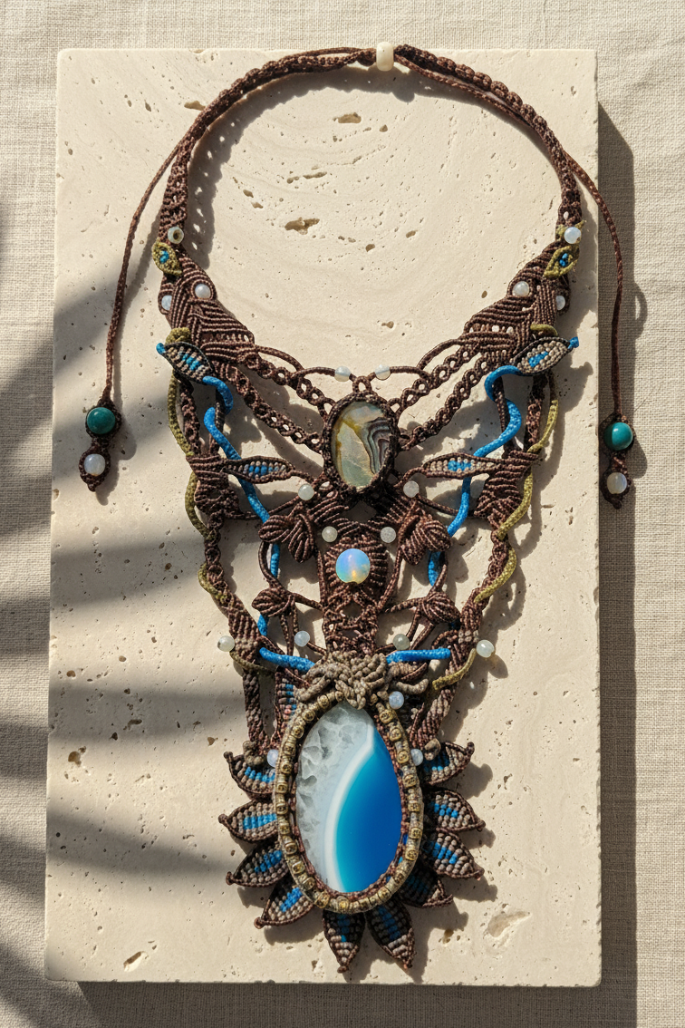 Agate Boho Necklace – Ocean Wave Statement Choker with natural agate slice pendant and ornate micromacramé design.