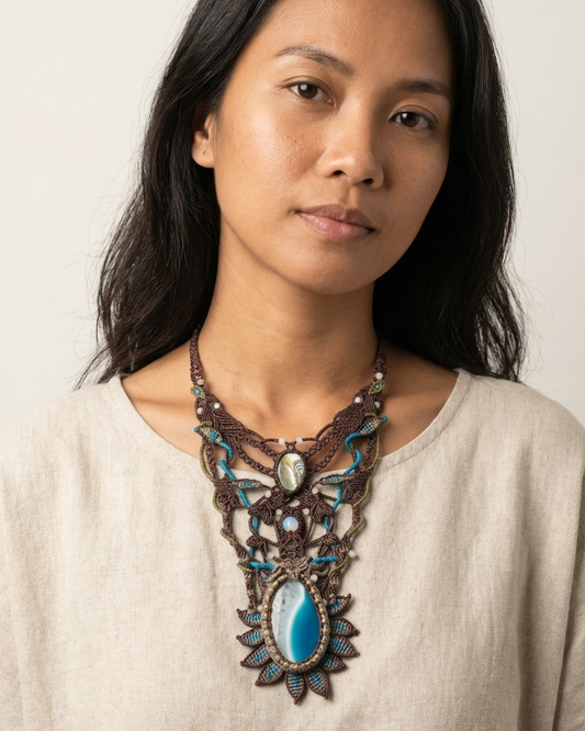 Agate Boho Necklace worn by a model showcasing its ocean wave design and intricate micromacramé detailing.
