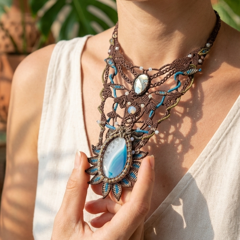 Agate Boho Necklace featuring a natural agate slice, ornate micromacramé design, and ocean-inspired accents.