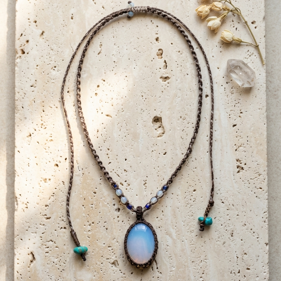 Opalite Pendant – Minimalist Boho Adjustable Necklace featuring a luminous opalite stone and micromacramé design.