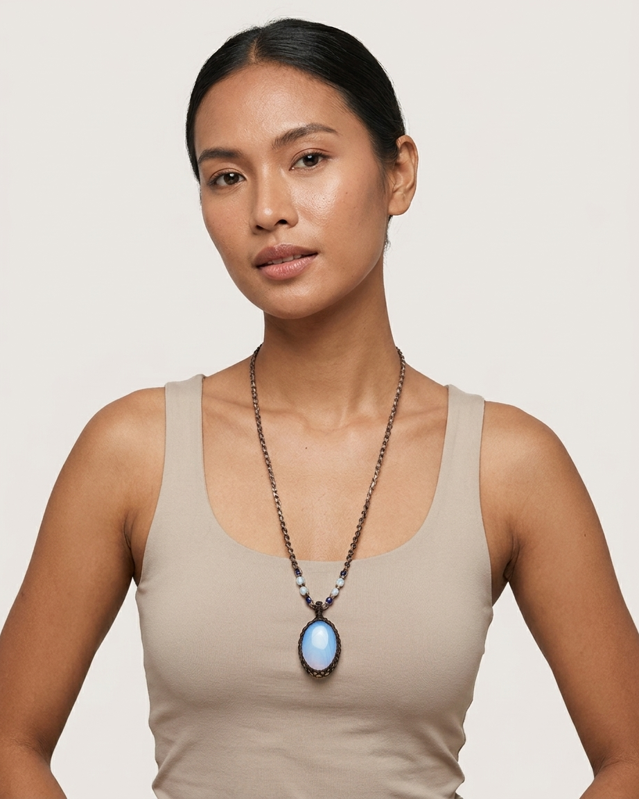 Opalite Pendant worn by a model showcasing its minimalist boho style and adjustable design.