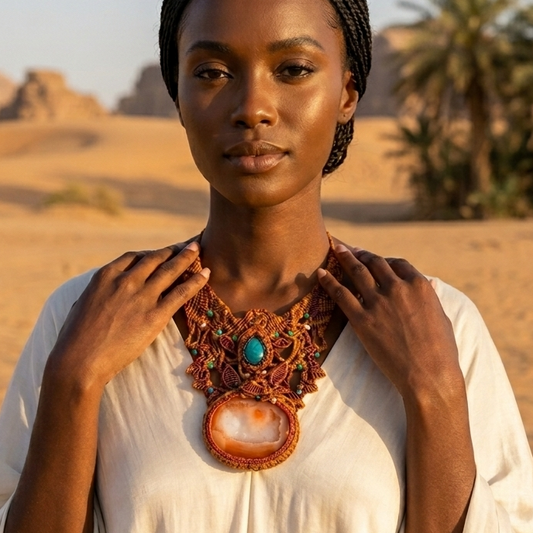 Carnelian Agate Pendant worn by a model in a desert setting, showcasing intricate macramé design and vibrant stones.