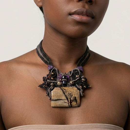 Jasper Pendant featuring a large picture jasper stone and ornate micromacramé choker design with purple accents.