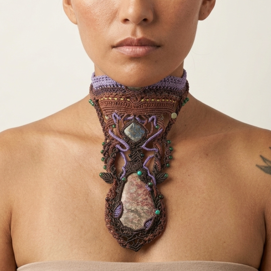 Poppy Jasper Pendant featuring large natural stone with ornate micromacramé choker and tribal influences.