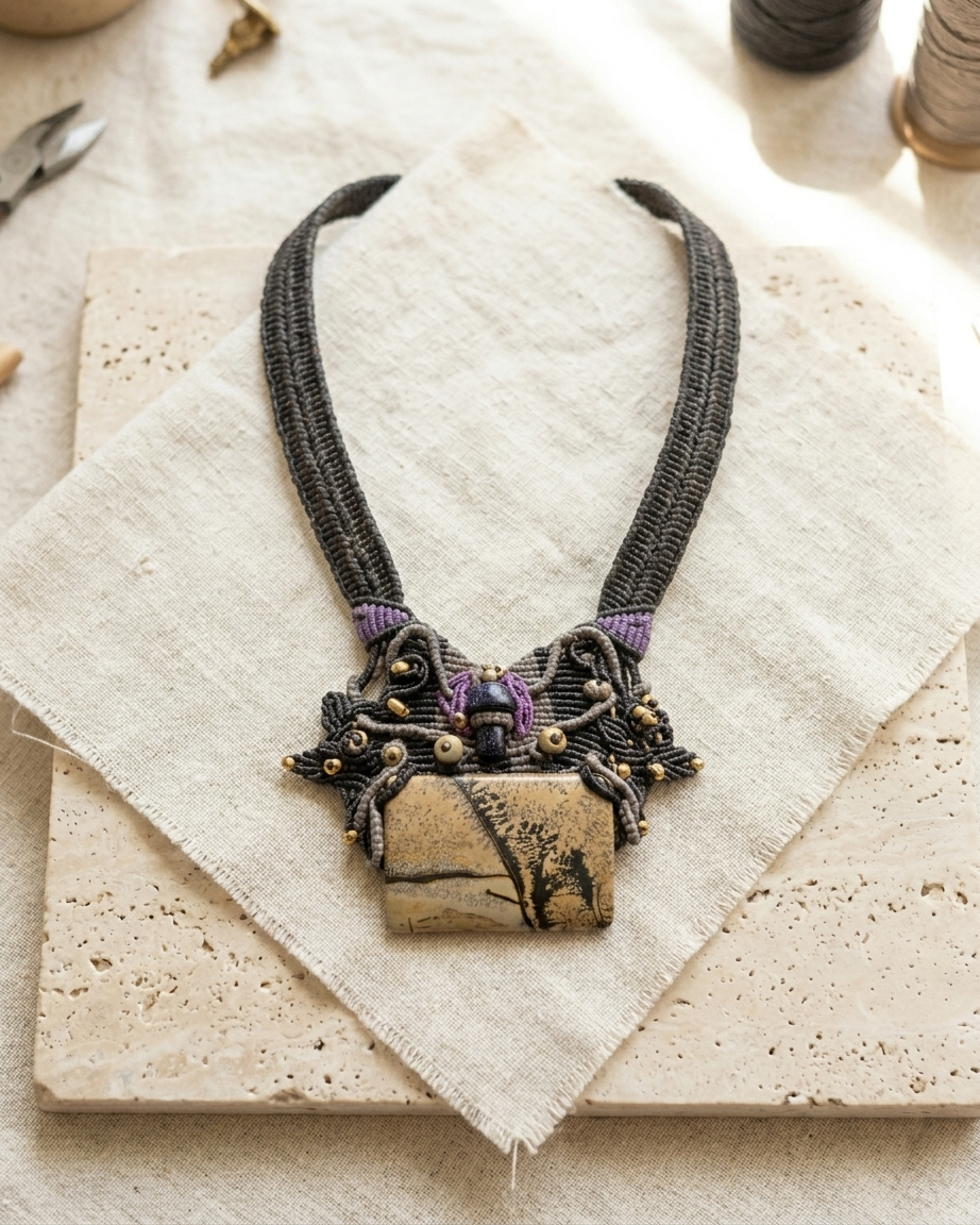 Jasper Pendant – Large rectangular picture jasper stone on an ornate micromacramé choker with purple accents.